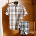 European American Men's Summer Dress Shirt 100% Cotton Flannel Short Sleeve Business Casual Cross-Border Print Top Anti-Pilling