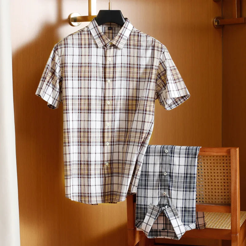 European American Men's Summer Dress Shirt 100% Cotton Flannel Short Sleeve Business Casual Cross-Border Print Top Anti-Pilling