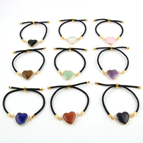 Natural Crystal Stone Heart Edge Adjustable Rope Bracelet Amethyst Gemstone Bracelet for Women