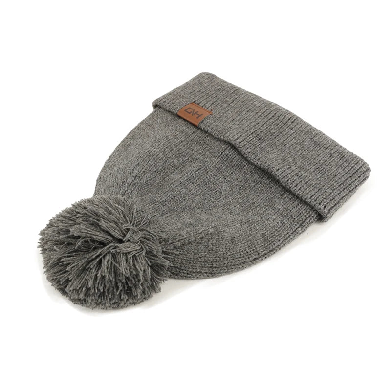 Custom Design Adult Leather Patch Logo Running Knit Cap Pom Winter Beanie Hat