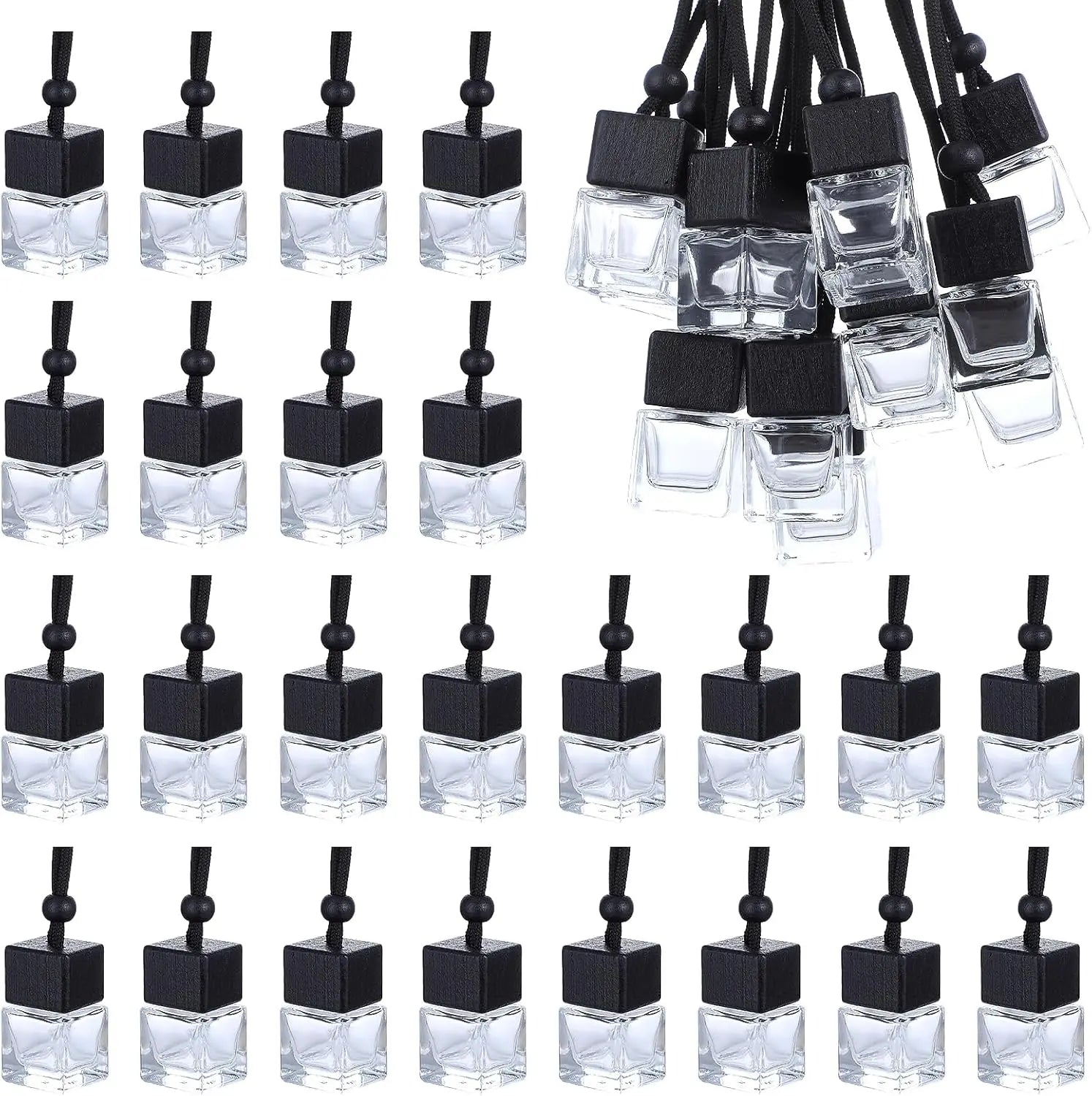 8ml Black Cap Car Diffuser Bottle Empty Glass Air Freshener Square Shape Refillable Fragrance Pendant Aromatherapy Perfume Cap