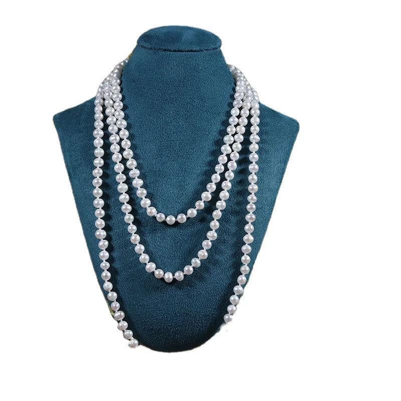 6-7mm Natural Freshwater Pearl Sweater Chain Classic Style 150cm Pearl Knot Necklace Spot Wholesale