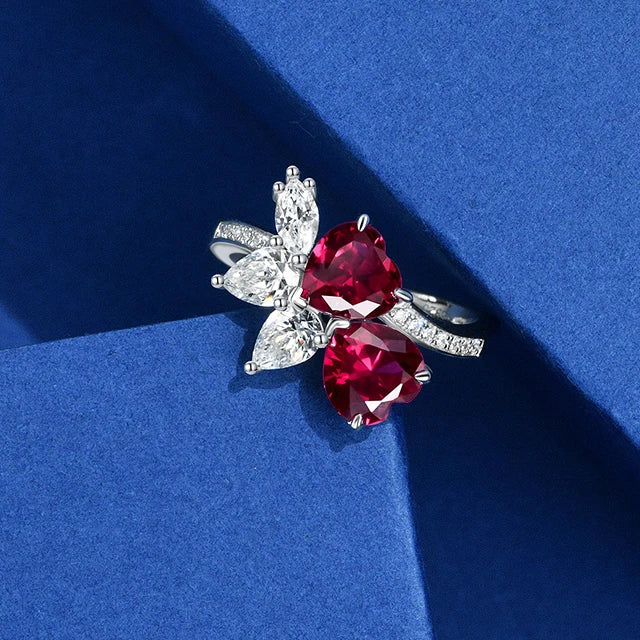 925 Sterling Silver 5A Cubic Zirconia CZ Two Ruby Double Heart Promise Ring for Women
