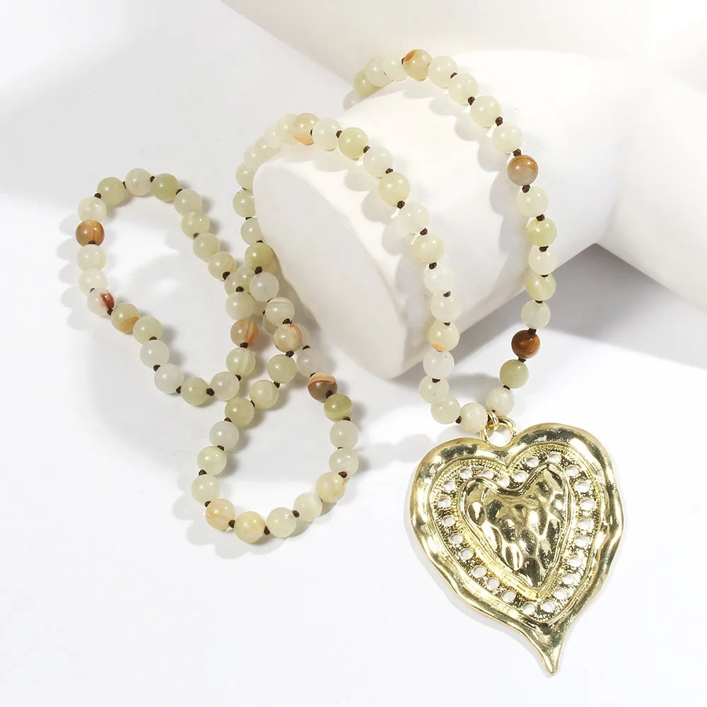 Spring/Summer New Fashion Bohemian Women's Jewelry 8mm Natural Stone Knot Necklace Metal Double Heart Pendant Necklace