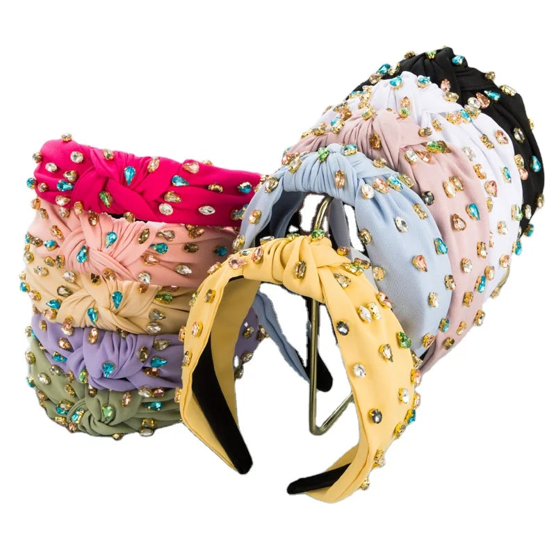 European and American Style High Quality Fabric Full Drill Hoop Female Knotted Multi-color Wide Edge Hair Accessories