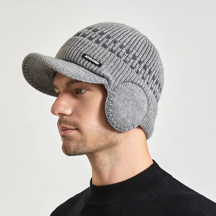 Men's Winter Fleece Pullover Hat Ear Protective Earmuffs Baseball Shape Brim Outdoor Warm Knit Woolen Hat