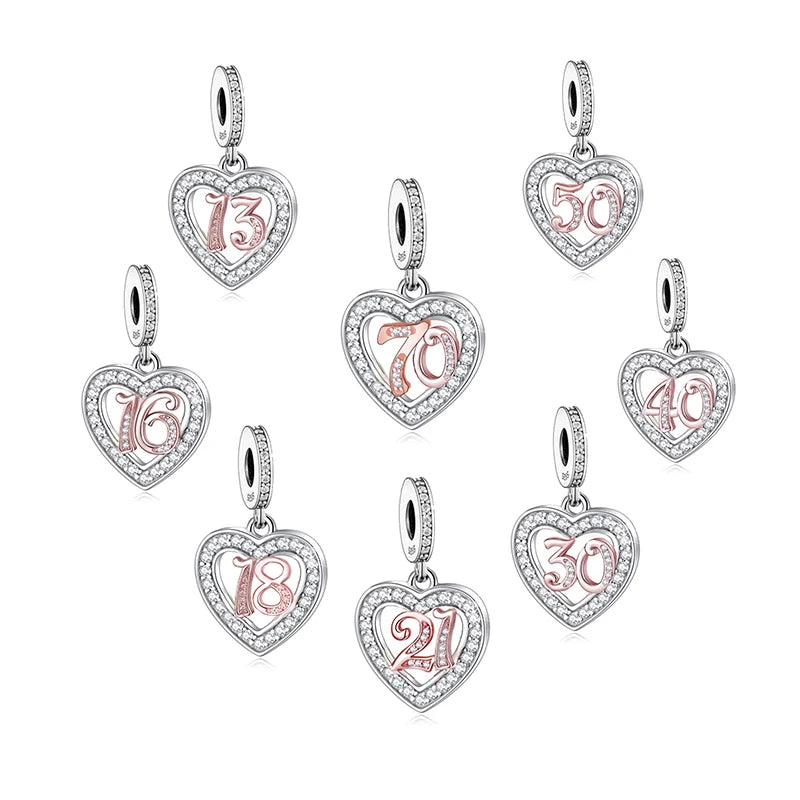 Fit Original Bracelet Necklace Jewelry 925 Sterling Silver Rose Gold Birthday Heart Number Beads Charms