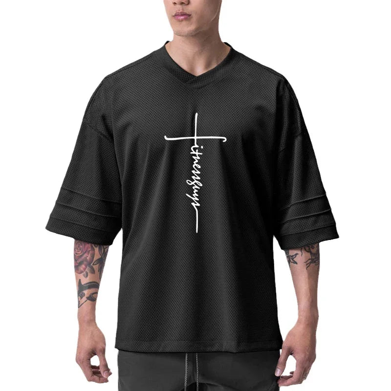 Mesh V-neck Oversized Half Sleeve T Shirt Mens Loose Dropped Shoulder Fitness T-shirt Summer Gym Clothing Bodybuilding Tees Tops