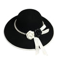 New Fashion Women Black Winter Retro Bowler Church Hat Camellia Flowers& Pearl Wide Brim Wool Hat