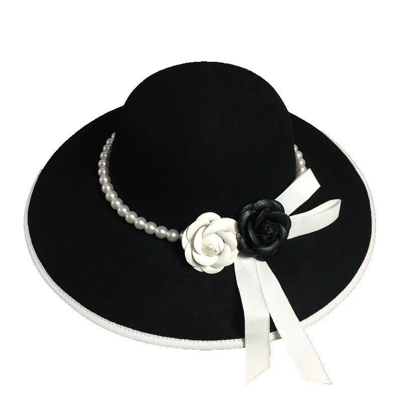 New Fashion Women Black Winter Retro Bowler Church Hat Camellia Flowers& Pearl Wide Brim Wool Hat