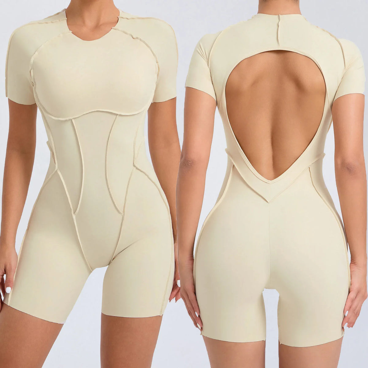 Hot Sale 3D Design Back Hollow Out Short Sleeve Jumpsuit for Women Slim Fit Training Fitness Activewear Bodysuits MegaBDM