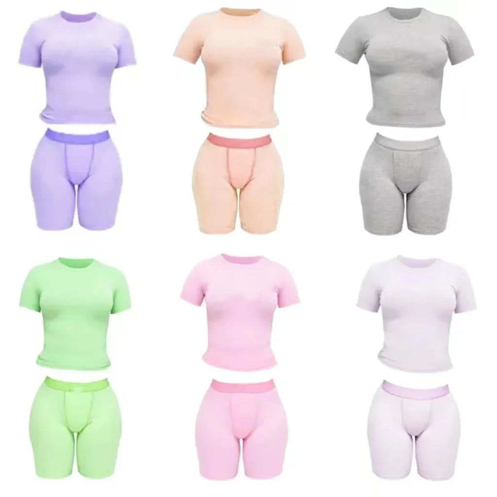 Breathable Spring Summer Lounge Wear Green XS Ribbed Short Sleeves Tshirt and Shorts 2 Two Pieces Loungewear Women Sets Clothing