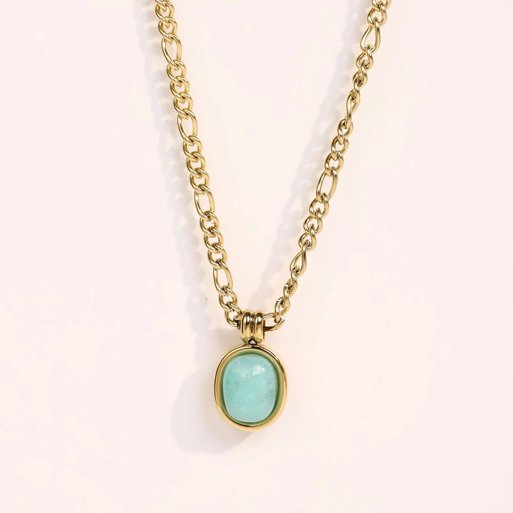 INS Rome Stone Green Oval Choker Crystal Amazonite Necklace Gold Stainless Steel Plating Natural 18K Gold Plated Party Necklace