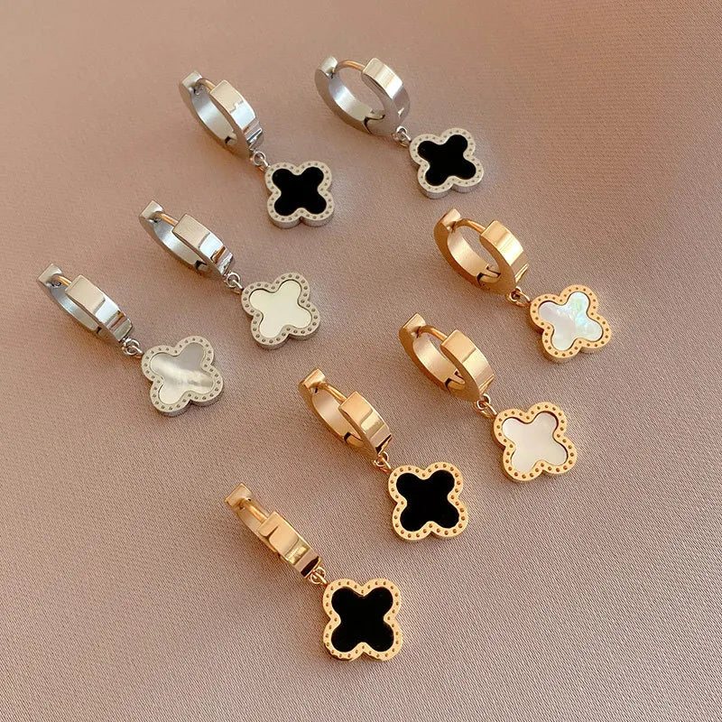 Wholesale Gold Plated Stainless Steel Hoop Earrings With Flower Charms White Black Shell Clover Earring for Girls Women