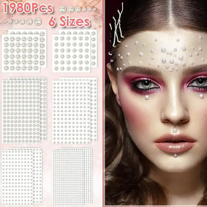 Hisenlee 1980pcs Self-Adhesive Pearl Stickers Semicircle Nail Crafts Hair Face Assorted Sizes Decorative Decorative Sticker