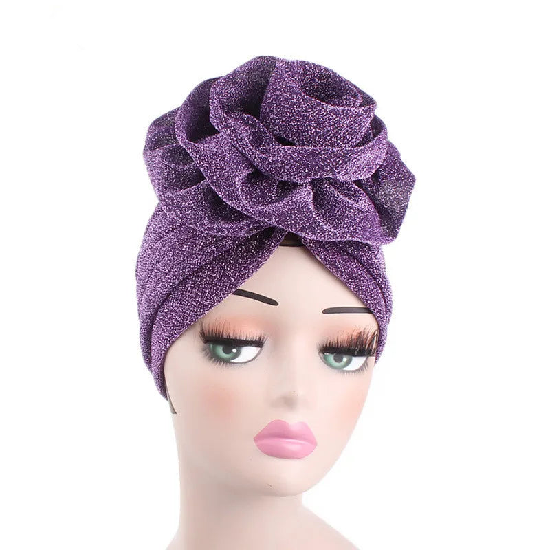 Wholesale Luxury King Flower Shinny Ruffle Chemo Beanie Cap Muslim Bridal Turban Girls Gift  3D Floral Turban JM-322