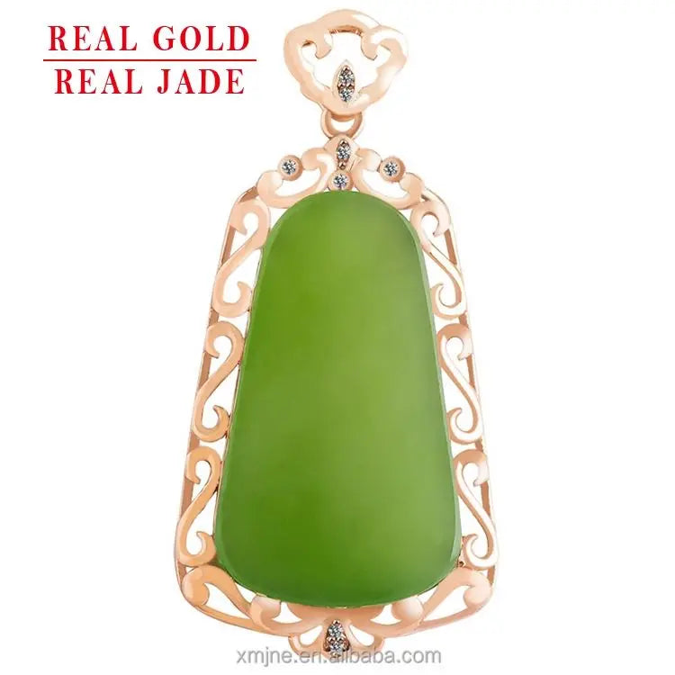 Certified Grade a Spinach Green Hotan Jade Green Jade Lucky Pendant 18K Rose Gold Natural Jade Pendant for Men and Women