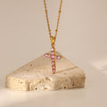 Simple Trendy Chunky Cross Pink Zircon Pendant Layered Chains Necklace Set Stainless Steel Unisex