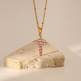 Simple Trendy Chunky Cross Pink Zircon Pendant Layered Chains Necklace Set Stainless Steel Unisex