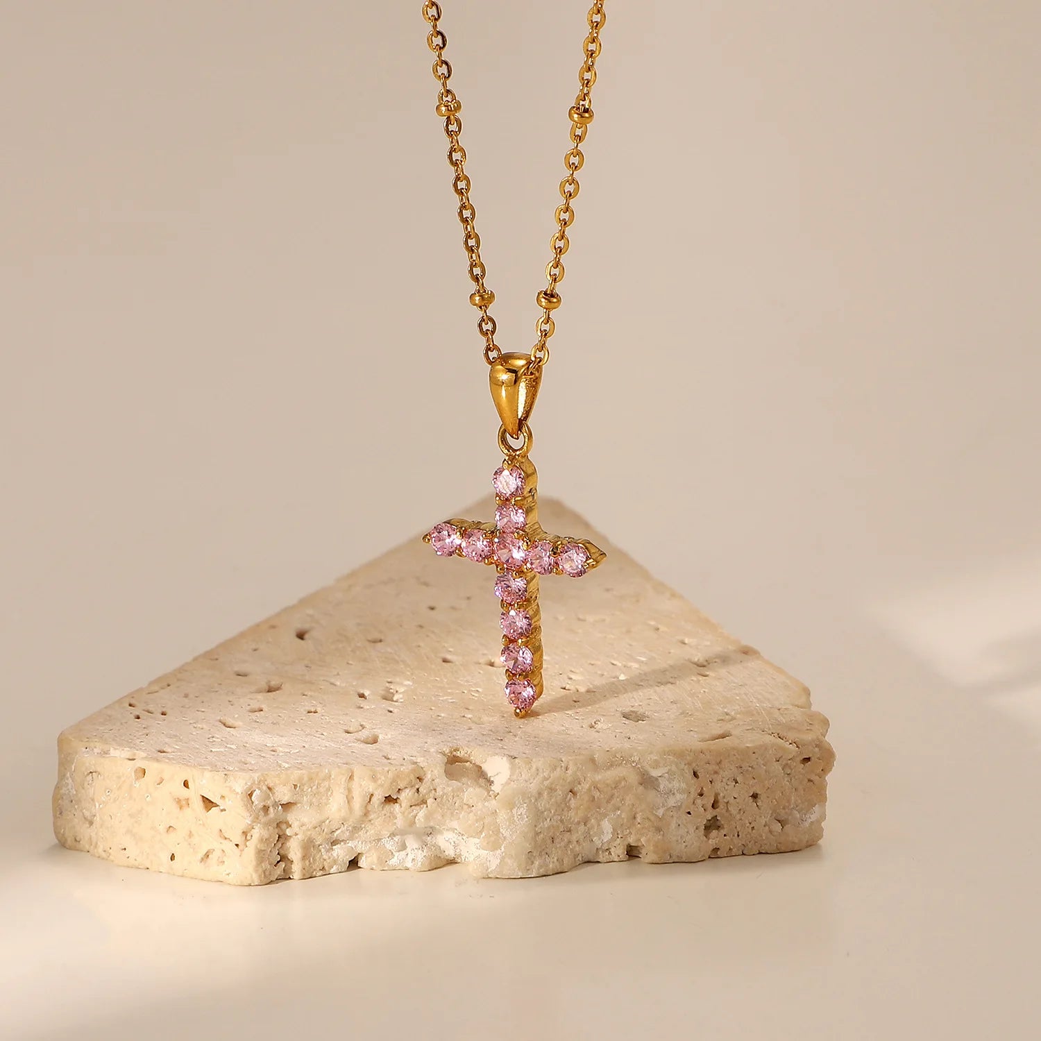 Simple Trendy Chunky Cross Pink Zircon Pendant Layered Chains Necklace Set Stainless Steel Unisex