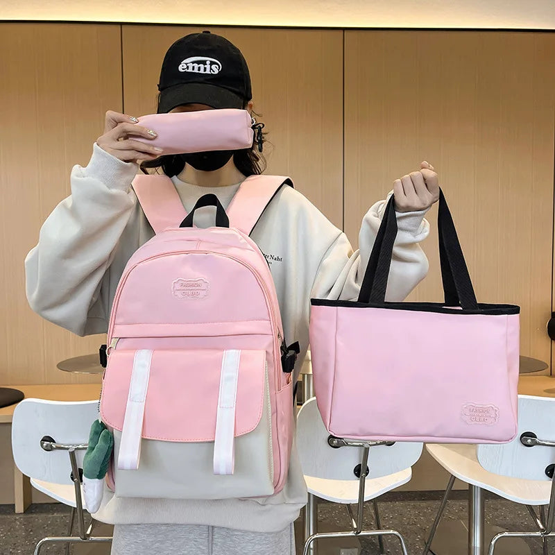 Korean Style School Backpack Set for High School Students Women's Dual Shoulder Bag Simple Campus Design Multifunctional Bookbag