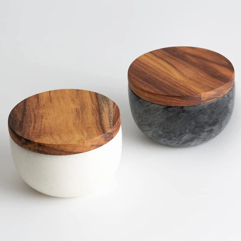 Marble Salt and Pepper Bowls Salt Cellar Set with Wood Cover Wooden Cover Marble Salt Box