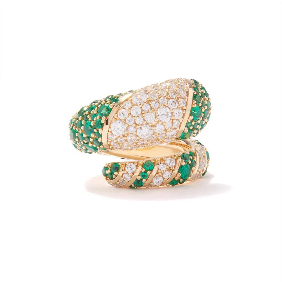 Fashion Opening Rings Green & White Cubic Zirconia 18K Gold Plated Custom Women Girls Adjustable Brass Ring Jewelry