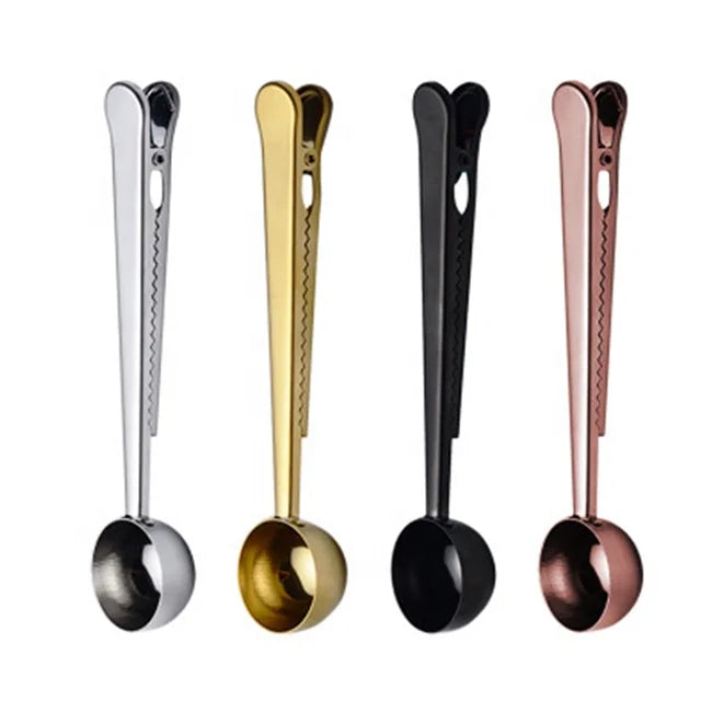 Custom Long Handle Tea Coffee Bean Measuring Spoon Stainless Steel Gold Copper Metal Coffee Scoop With Bag Clip
