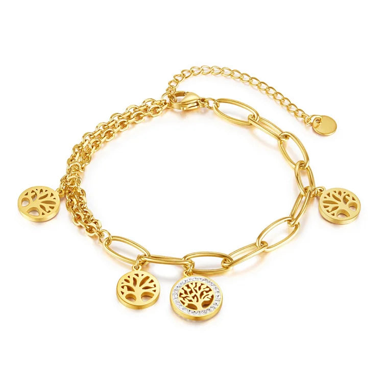 Luxury Bijoux En Acier Inoxydable Women Stainless Steel Hollow Zircon Round Life Tree Pendants Link Chain Bracelets