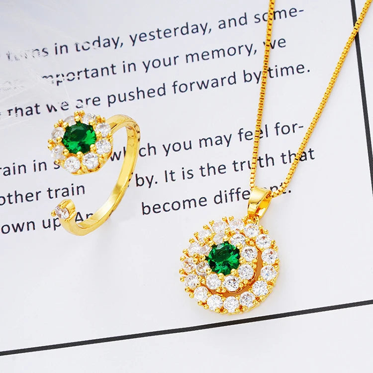Dubai Gold Ring Necklace Two Piece Female Zircon Super Flashgold Plated Jewelry