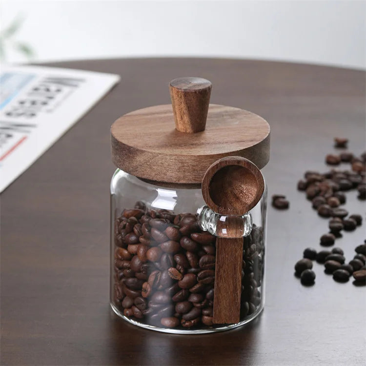 Eco-Friendly 400ml High Borosilicate Glass Coffee Jar Wood Lid Spoon BPA-Free Grade Kitchen Storage for Dry for School Home Use