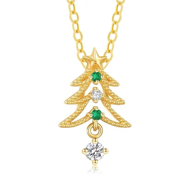 925 Sterling Silver Plated 14k Gold Christmas Tree Necklace Cubic Zirconia Main Stone Trendy Style for Wedding Engagement Party