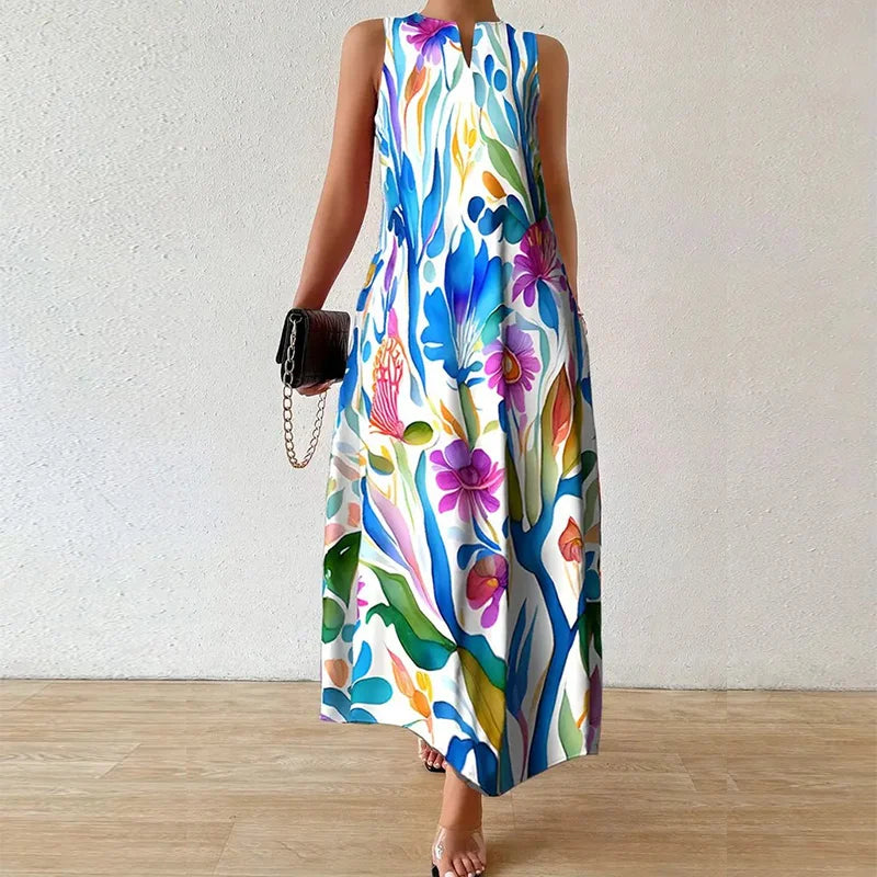 Custom Sleeveless Flower DTG Prints Tight Waist A-Line Maxi Long Dress