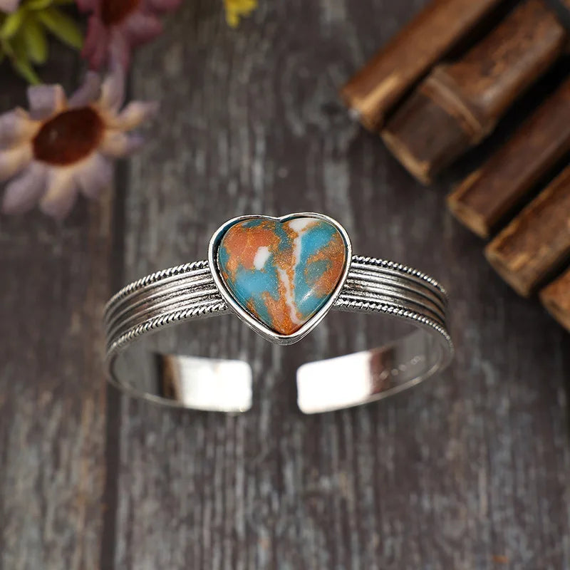 Valentine Day Jewelry Western Boho Style Heart Inlaid Colorful Turquoise Stone Open Bracelet for Women Gift