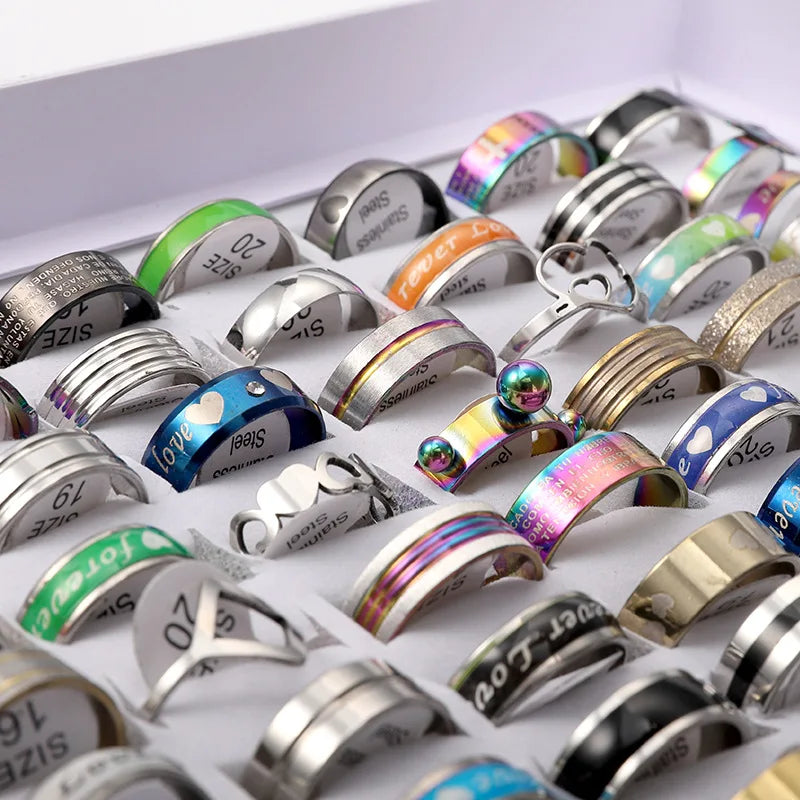 100pcs/box Mixed Unisex Women and Men's Finger Set Wedding Engagement Jewelry Bulk Lot Stainless Steel Rings