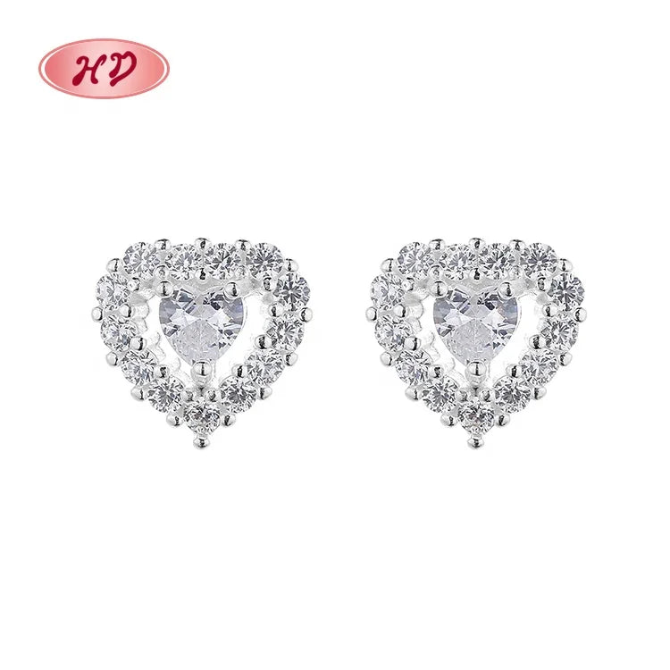 Luxury Sparkle Classic Design Love Heart Shape 925 Sterling Silver Cubic Zirconia Fashion Jewelry Stud Earrings
