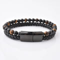 Punk Tiger Eye Onxy Men Natural Stone Bead Bracelet Stainless Steel Magnetic Clasp Black Genuine Leather Gift Anniversary Party