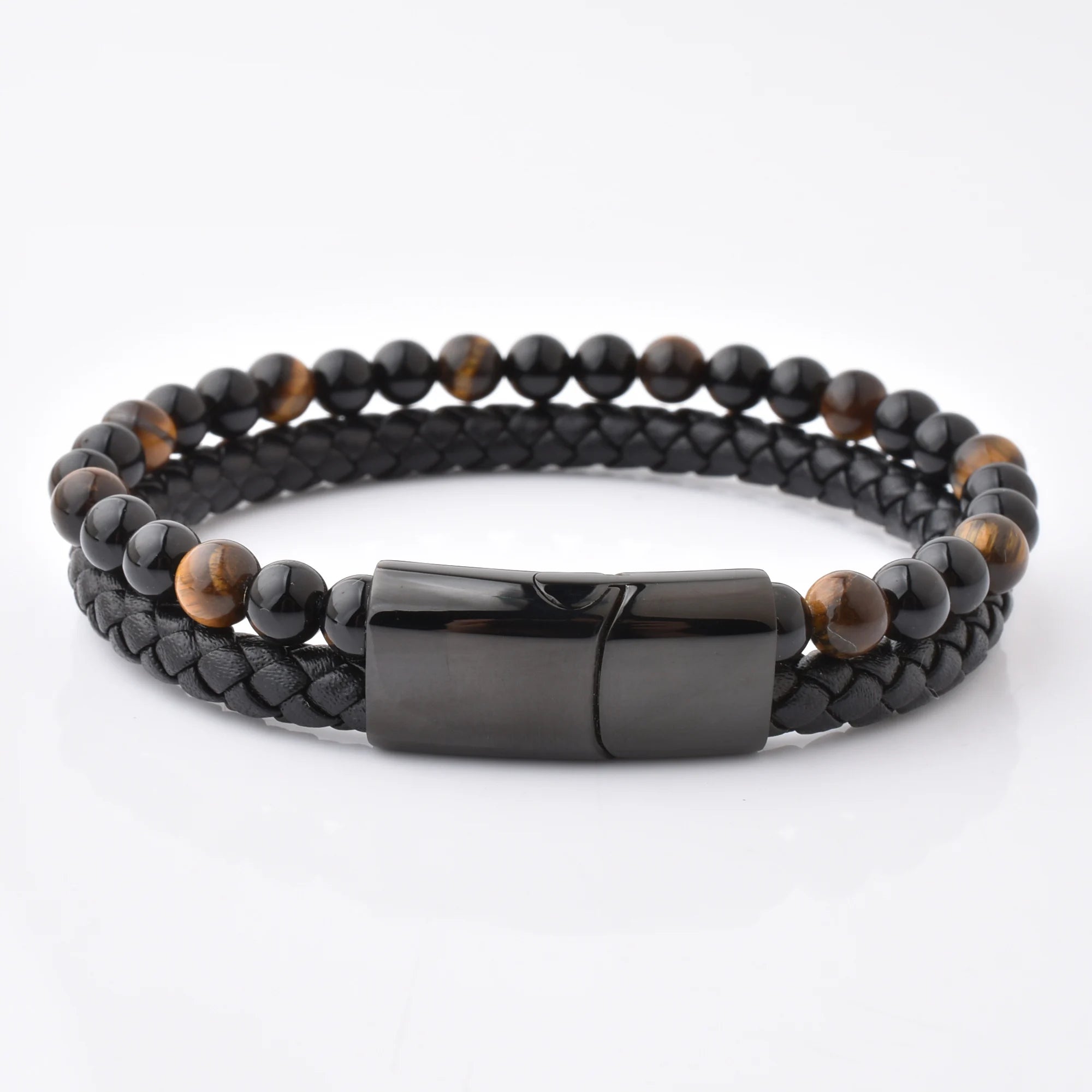 Punk Tiger Eye Onxy Men Natural Stone Bead Bracelet Stainless Steel Magnetic Clasp Black Genuine Leather Gift Anniversary Party