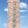 BM1182 Pearl and 18k Gold Accents Silver Snowflake Disc Spacer Beaded Bracelet with Evil Eyes Nazar Protection Charm Bracelet