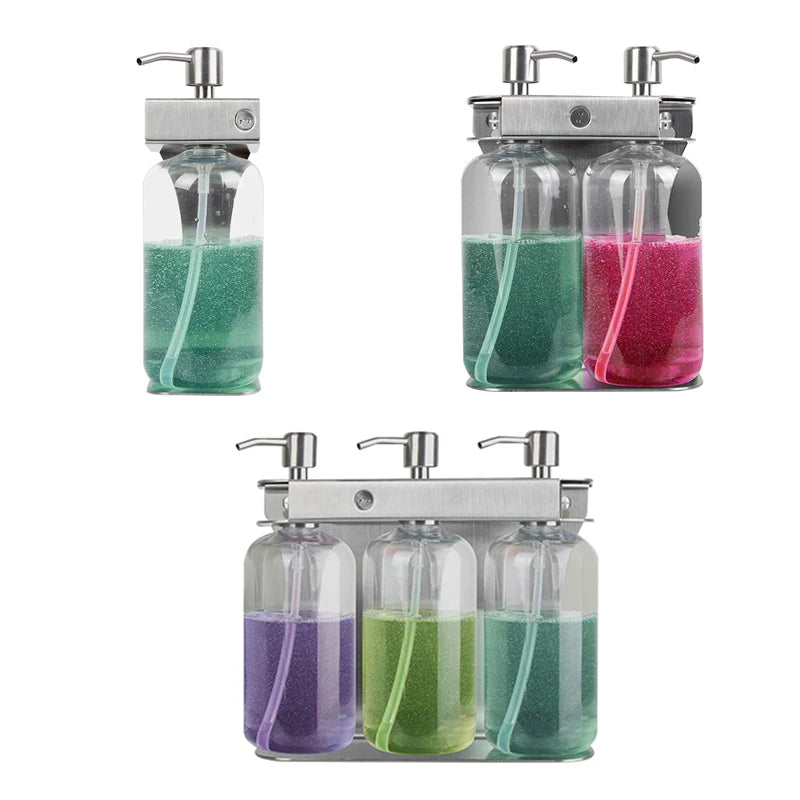 Hotel Hands Free Wall Mount Triple Shampoo and Soap Dispenser Soap Bottle Stainless Steel With Key Lock