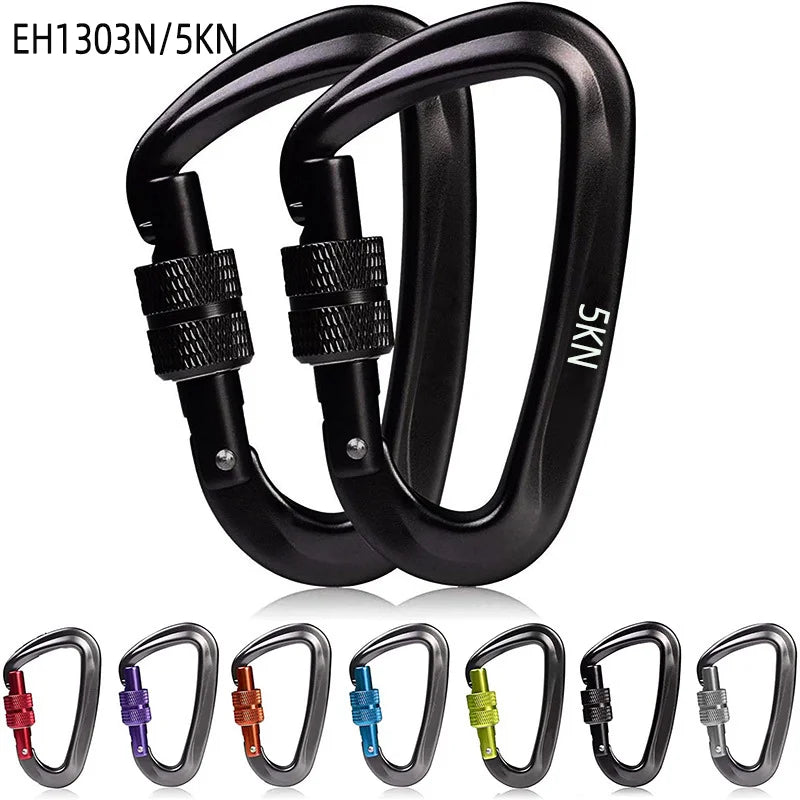5KN Custom Logo D-Shape Aviation Aluminum 6061 Oxidation Finish Carabiner with Screw Hook Locking Clip for Outdoor Hammock