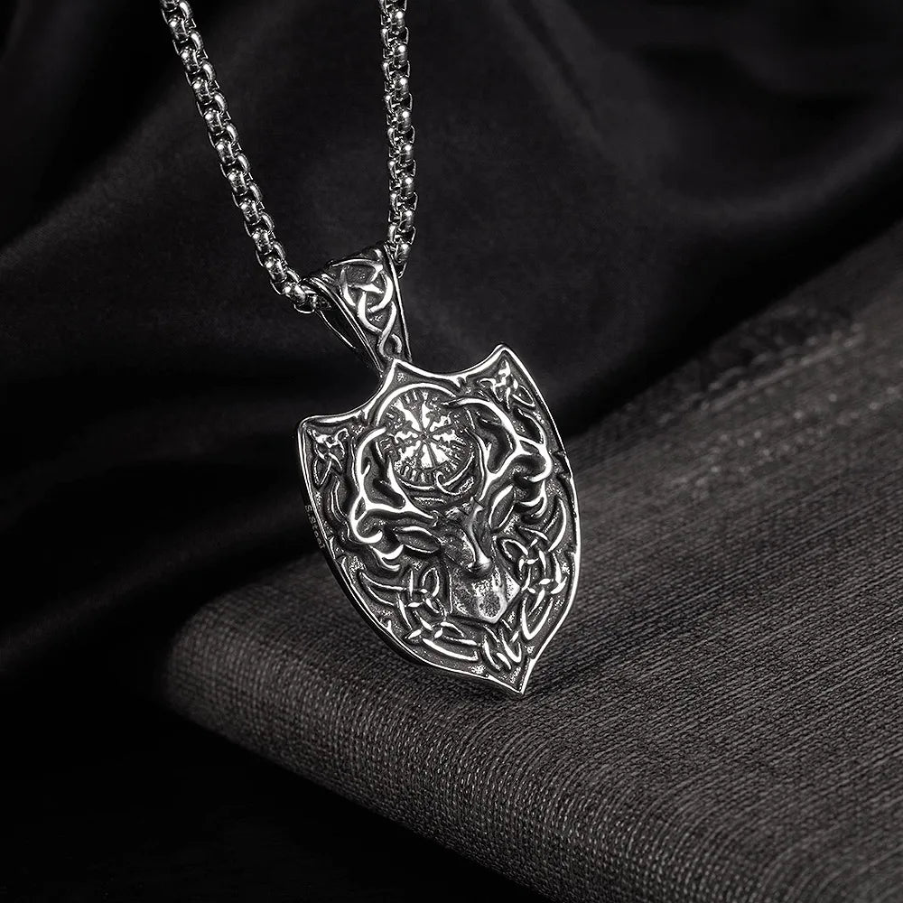 Retro Antler Pendant Necklace Hiphop Jewelry Chain Stainless Steel Norse Viking Amulet Vegvisir Deer Head Pendant Necklaces