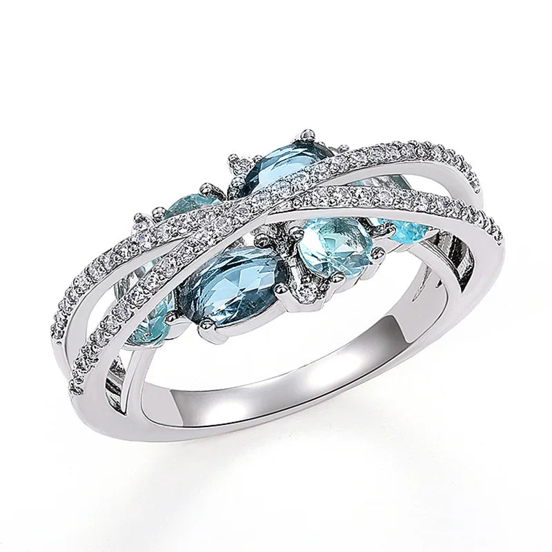 CAOSHI Creative Geometry Design Simulated Moissanite Heart Shaped Blue Crystal Rings for Women Wedding Silver Plated Rings
