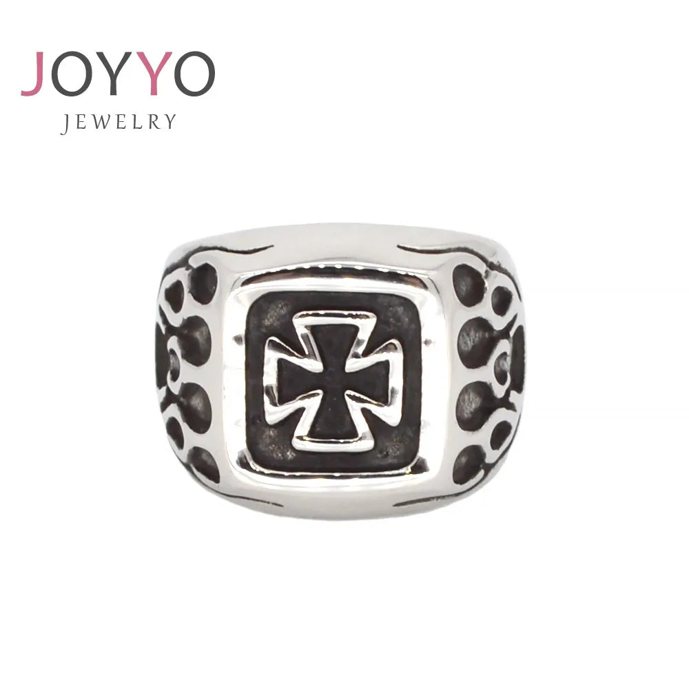 Cross Punk Mens Stainless Steel Ring Maltese Cross Flames Finger Ring