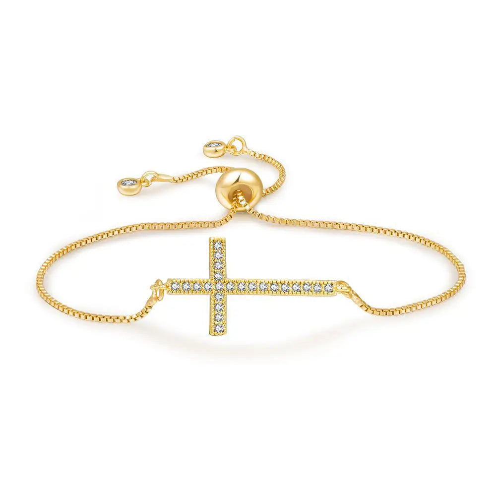 Gelang Adjustable Cubic Zirconia Crystal CZ Cross Bracelets Bling Bling Handmade Brass Tennis Crown Bracelet