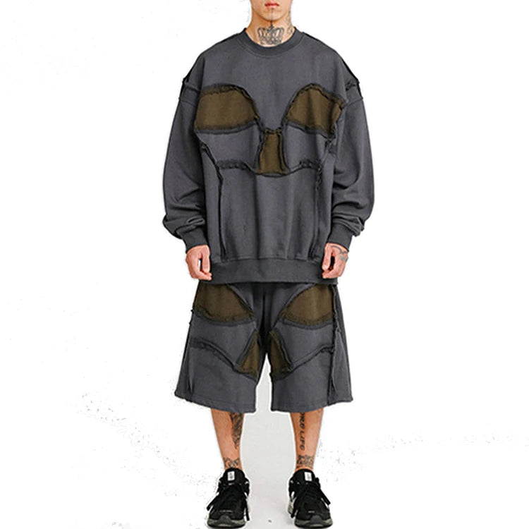 Wholesale Custom High Quality Skull Silhouette Sweatshirt High Street Oversized Contrast Stitching Sweatshirts Men Casual Wear