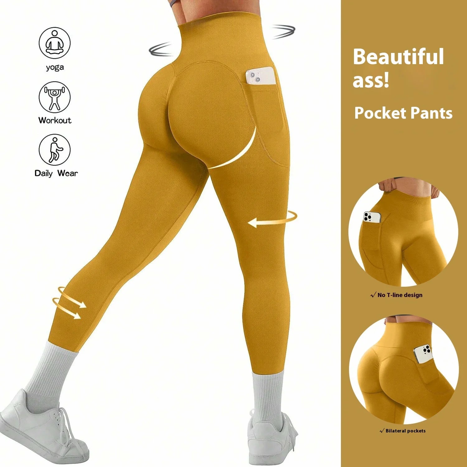 Women's Peach Hip Seamless High Waist Yoga Pants Plus Size Elastic Waist Sports Fitness Leggings Bilateral Pocket Solid