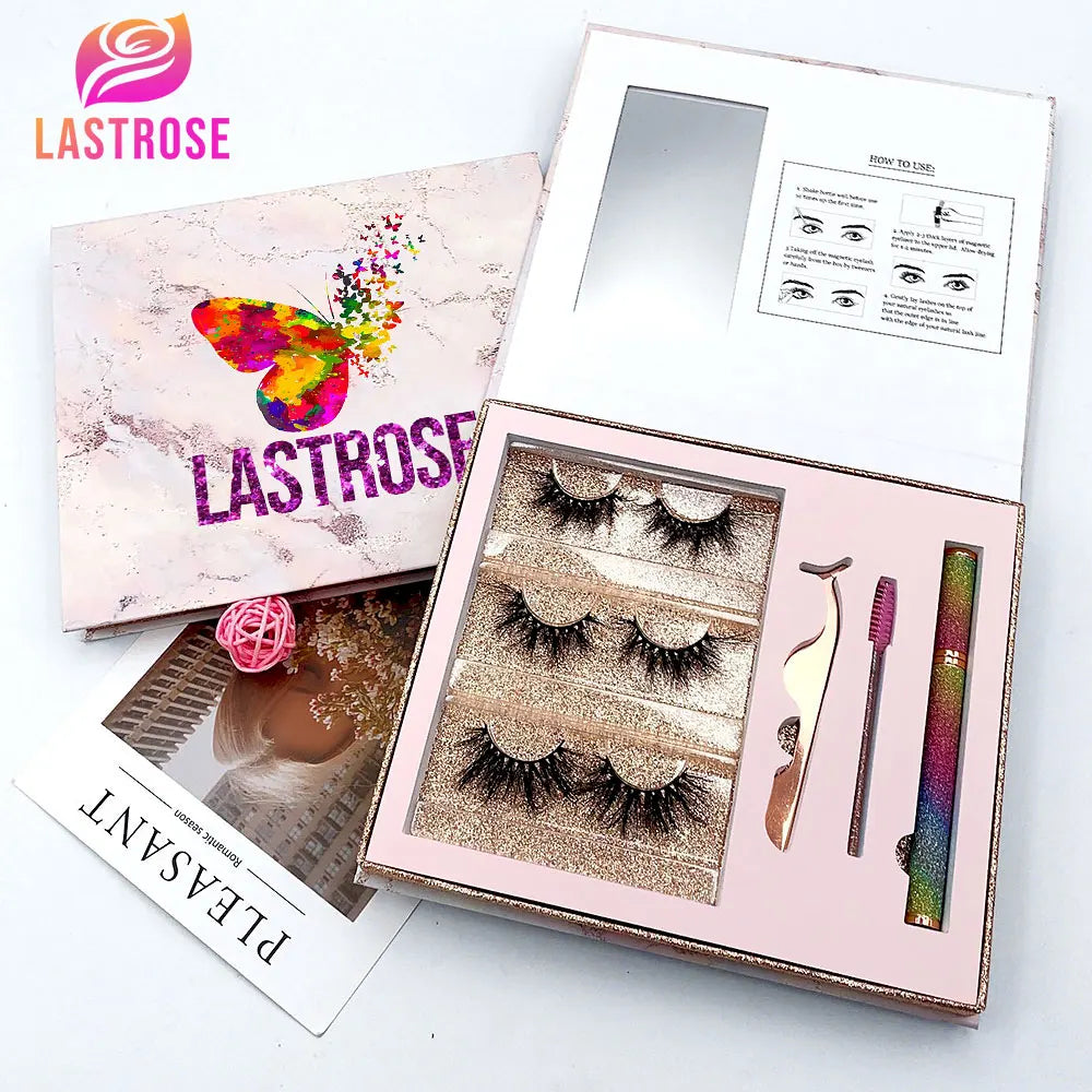 Integrated 3 Pairs Mink Eyelashes with Glue Eyeliner Tweezer Own Brand Full Strip Eyelashes Packing with OEM Logo