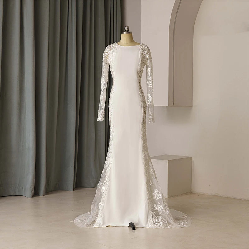 Jancember QD06202 Exquisite Full Sleeve Appliques Satin Mermaid As Floor Bridal Dress