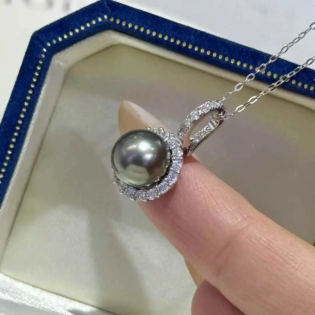 S925 Sterling Silver Platinum Plated Universal Buckle Paired 10mm AAAA Freshwater Tahiti Black Pearl 40cm Length Pendant